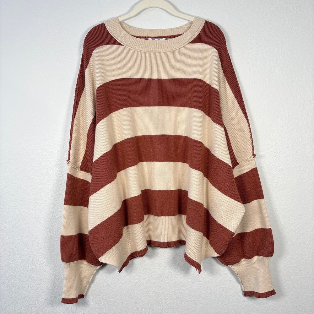 MoCo Boutique Boho Neutral Striped Oversized Chunky Knit Rib Crewneck Sweater